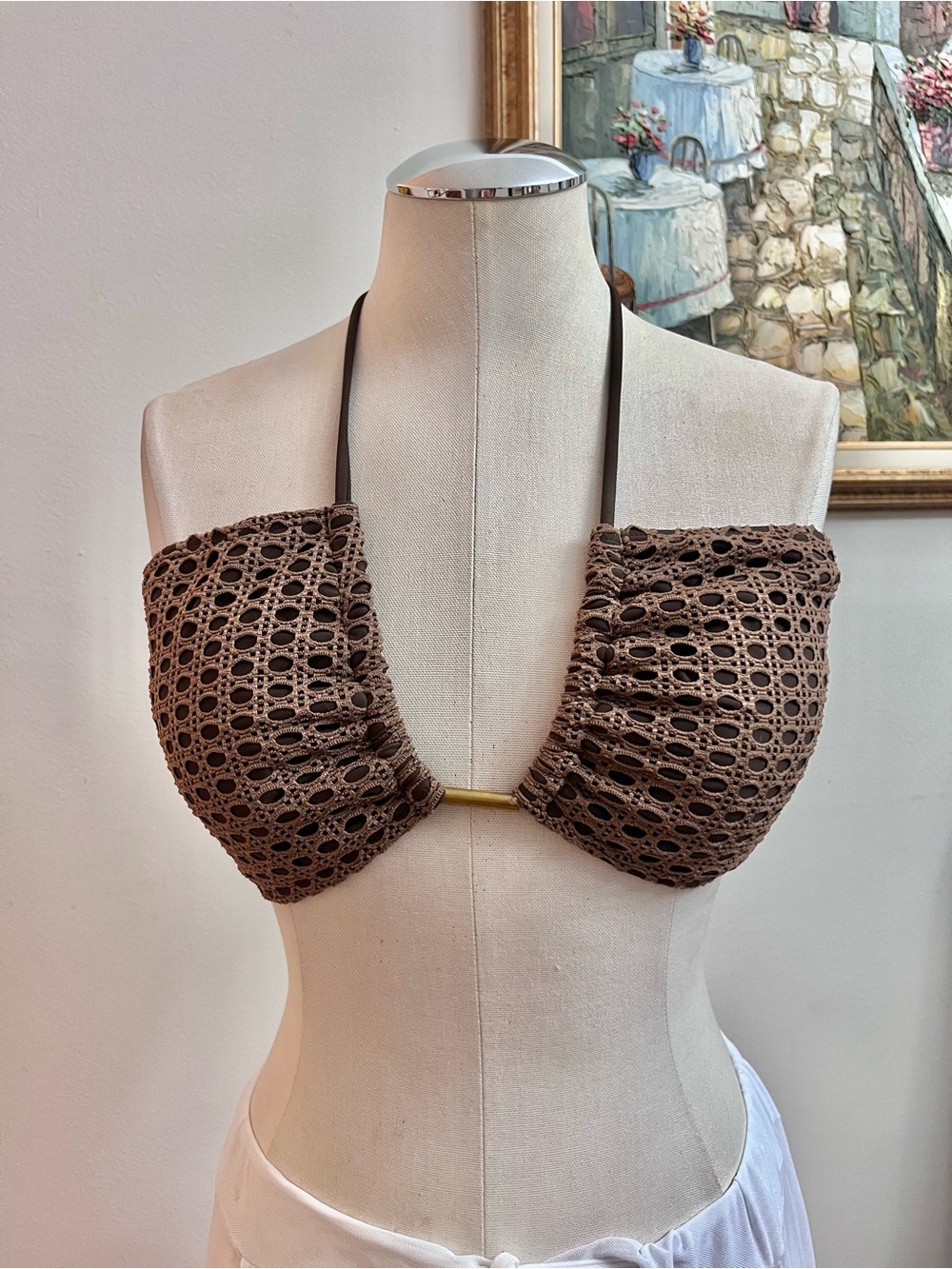 Brown Crochet Bikini Top with Gold Accent woman swimwear